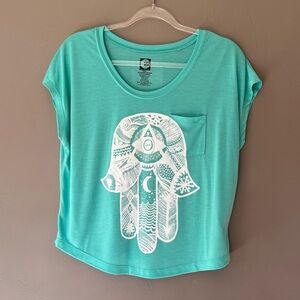 Billabong Teal Turquoise White Boho Print Short Sleeve Womens Flowy S Tee NWOT